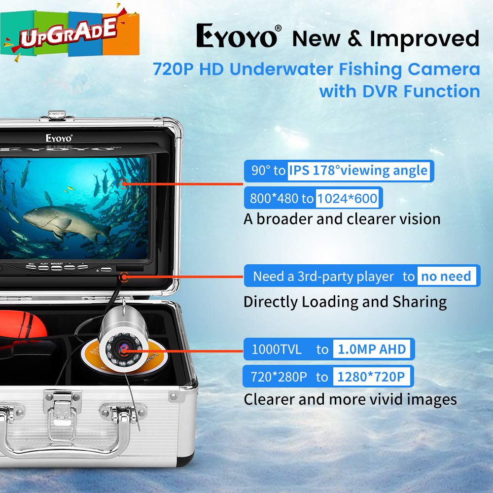 Eyoyo 720P underwater camera, 7” IPS screen, DVR, 12 IR lights, 30m cable, portable fish finder.