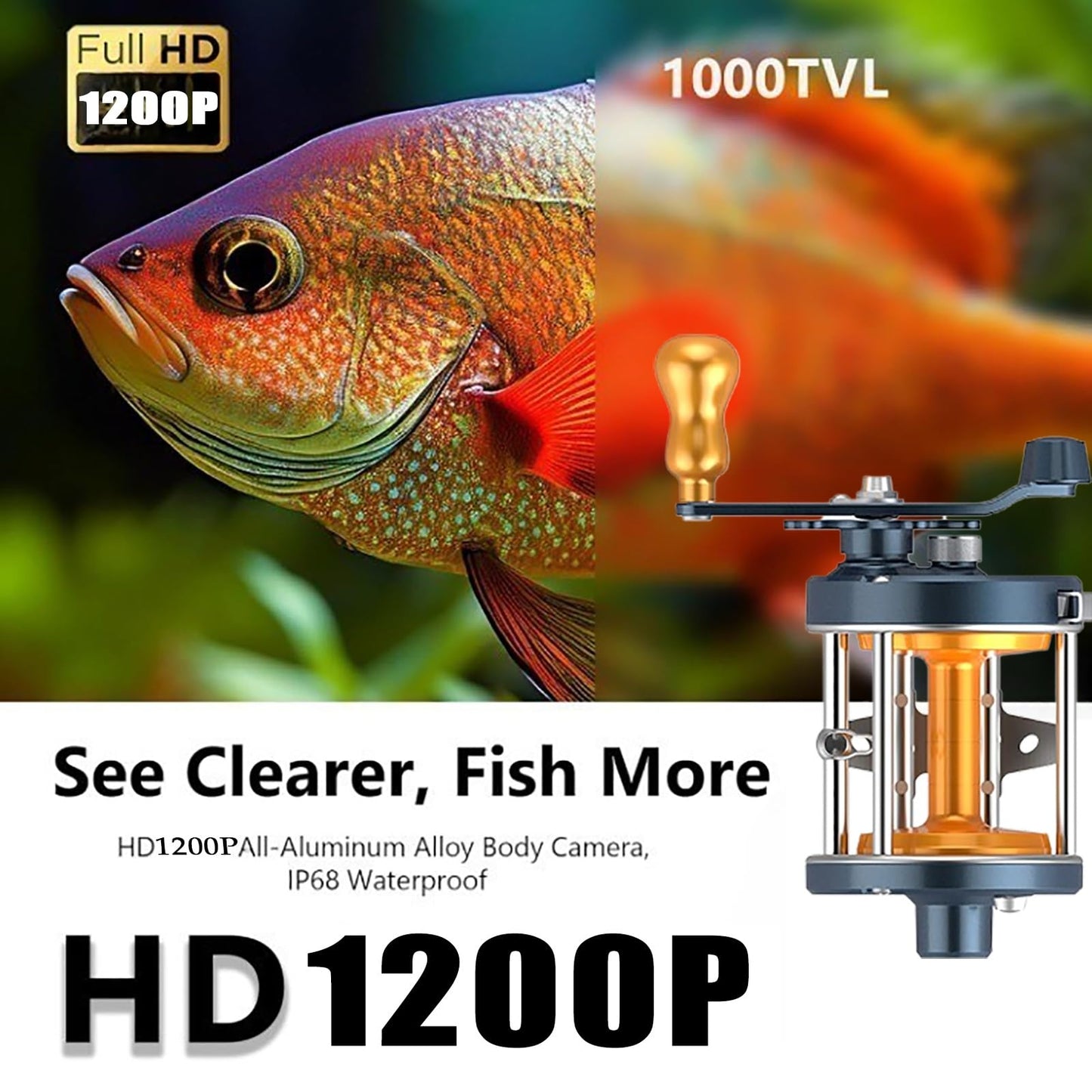 Portable underwater fish finder with 4.3” LCD, IP68 waterproof, compact design for boat, ice, lake fishing.