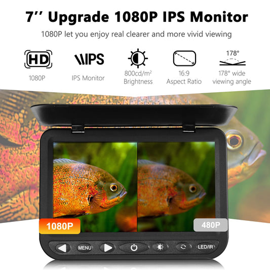 FishPRO 1080P camera, 7” IPS, DVR 32GB, 10,000mAh battery, IR+LED lights, 82ft cable, easy operation.