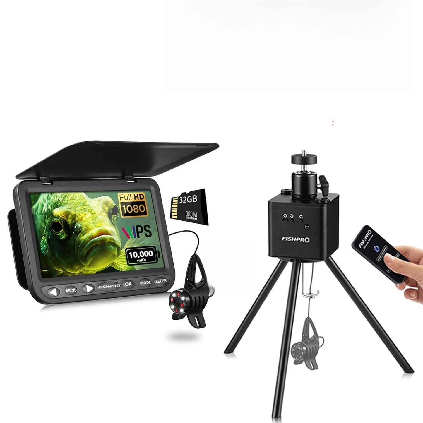 FishPRO M7 DVR tripod, aluminum build, 360° rotation, remote/manual control, stable underwater camera mount.