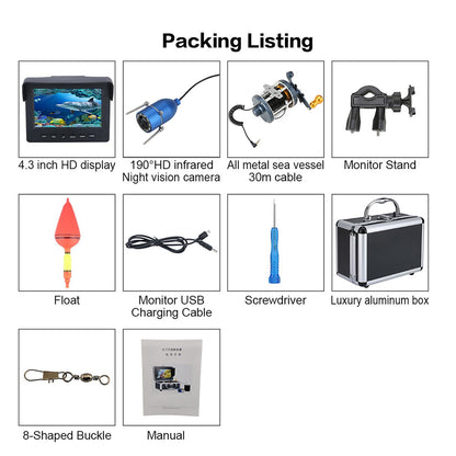 Portable underwater fish finder with 4.3” LCD, IP68 waterproof, compact design for boat, ice, lake fishing.