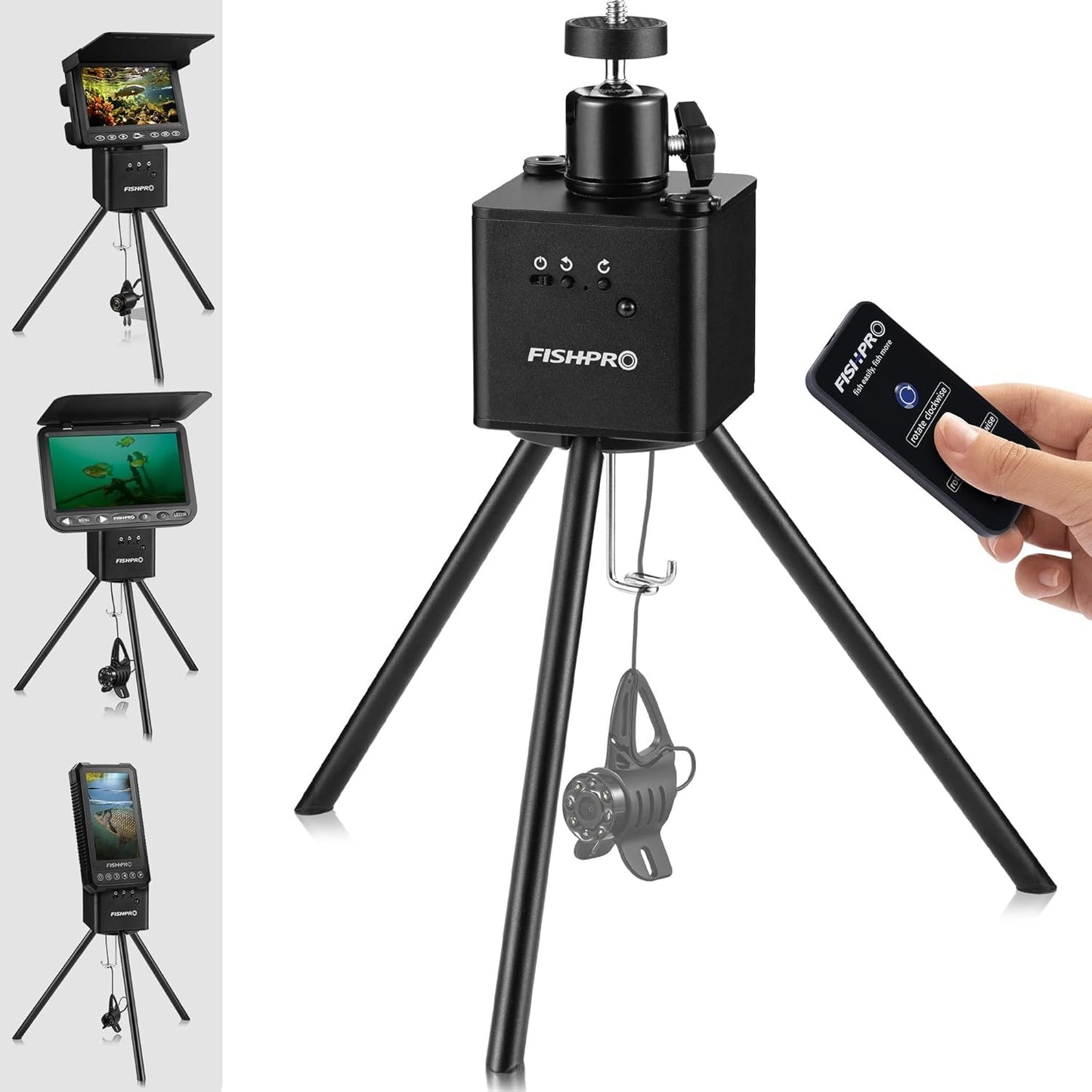 FishPRO M7 DVR tripod, aluminum build, 360° rotation, remote/manual control, stable underwater camera mount.