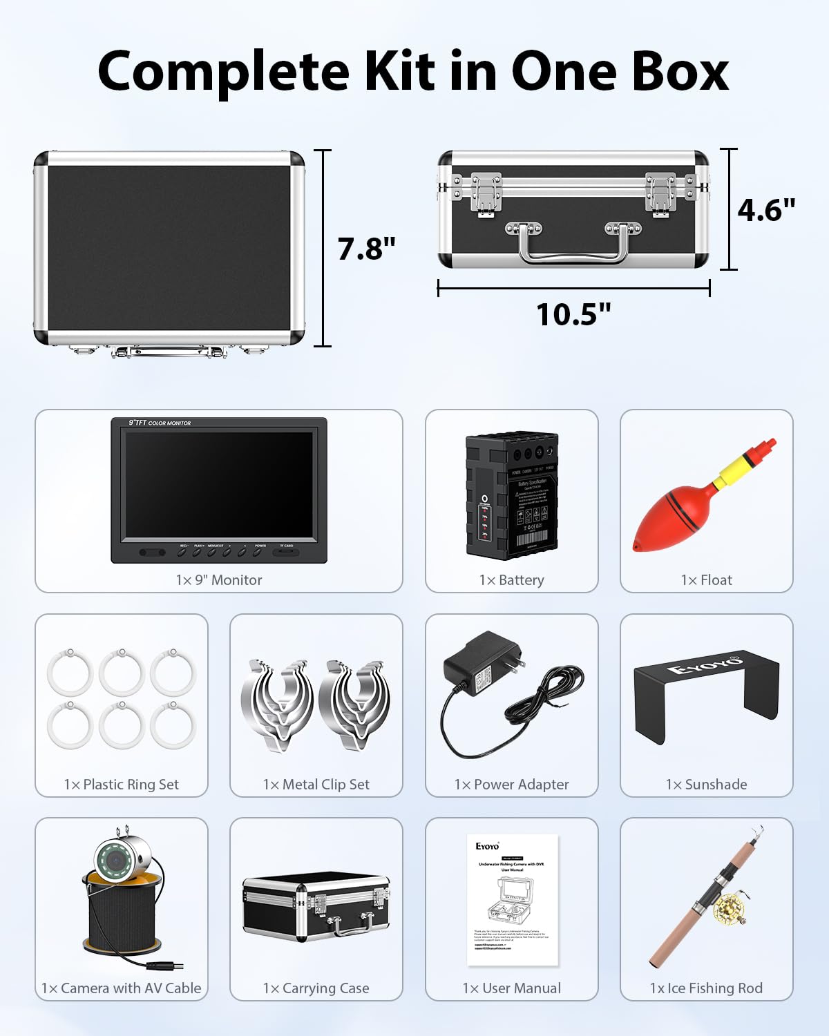 Eyoyo 1000TVL camera, 9” LCD, DVR, IR lights, 30m cable, waterproof for ice, boat, lake fishing.
