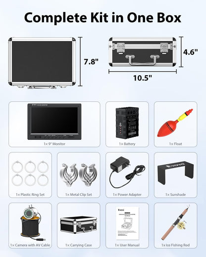 Eyoyo 1000TVL camera, 9” LCD, DVR, IR lights, 30m cable, waterproof for ice, boat, lake fishing.