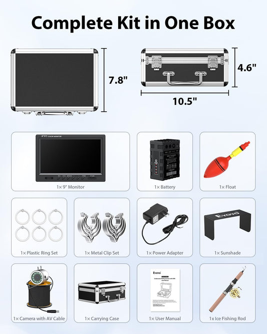 Eyoyo 1000TVL camera, 9” LCD, DVR, IR lights, 30m cable, waterproof for ice, boat, lake fishing.