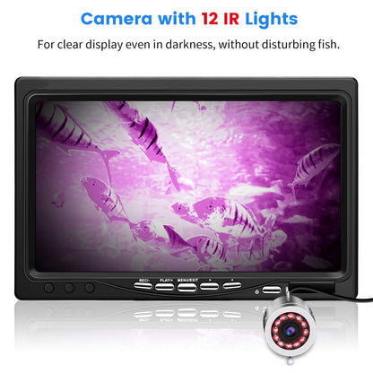 Eyoyo 720P underwater camera, 7” IPS screen, DVR, 12 IR lights, 30m cable, portable fish finder.