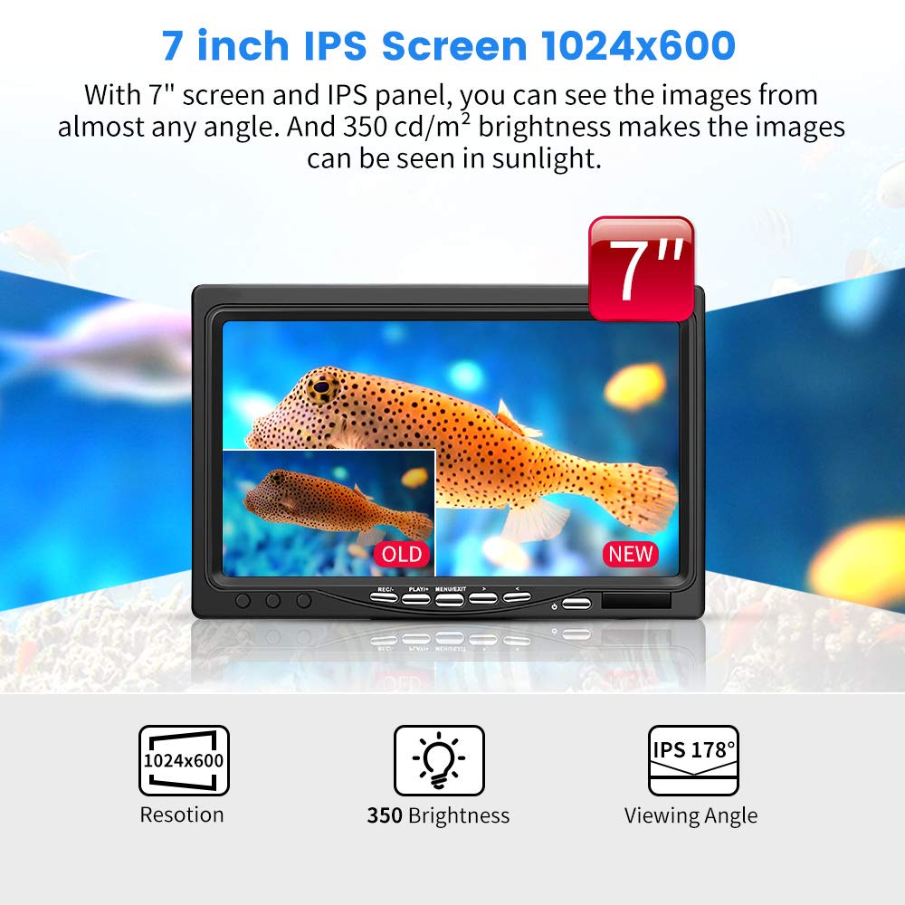 Eyoyo 720P underwater camera, 7” IPS screen, DVR, 12 IR lights, 30m cable, portable fish finder.