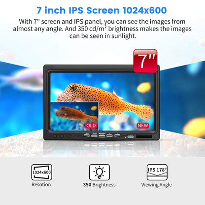 Eyoyo 720P underwater camera, 7” IPS screen, DVR, 12 IR lights, 30m cable, portable fish finder.
