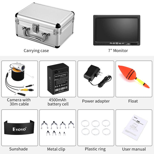 Eyoyo 720P underwater camera, 7” IPS screen, DVR, 12 IR lights, 30m cable, portable fish finder.