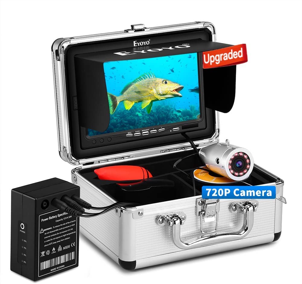Eyoyo 720P underwater camera, 7” IPS screen, DVR, 12 IR lights, 30m cable, portable fish finder.