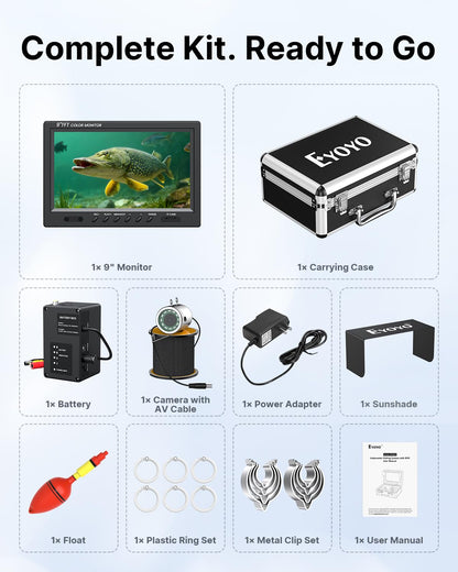 Eyoyo 1080P underwater camera, 9” IPS screen, DVR, 12 IR lights, 30m cable, for ice, lake, sea, and boat fishing.