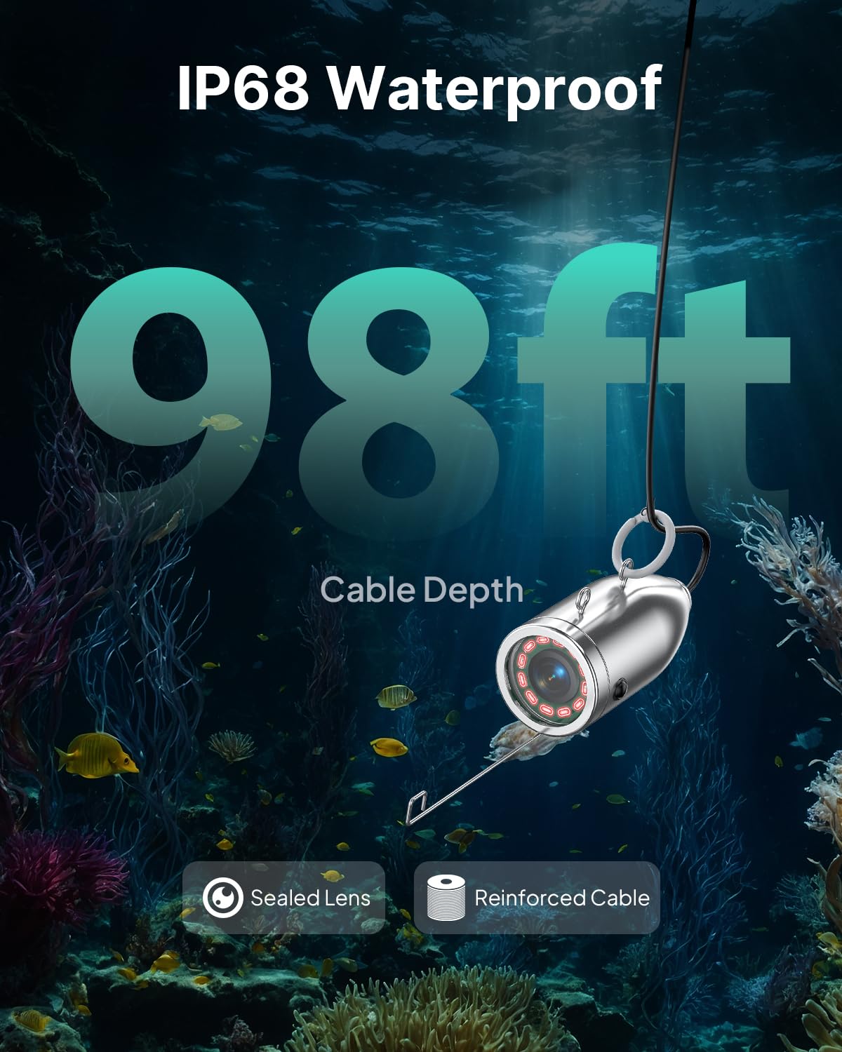 Eyoyo 1080P underwater camera, 9” IPS screen, DVR, 12 IR lights, 30m cable, for ice, lake, sea, and boat fishing.