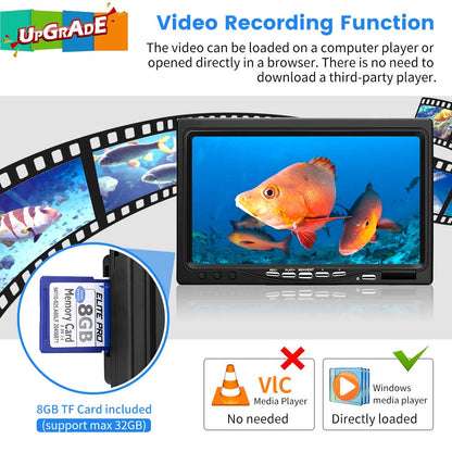 Eyoyo 720P underwater camera, 7” IPS screen, DVR, 12 IR lights, 30m cable, portable fish finder.