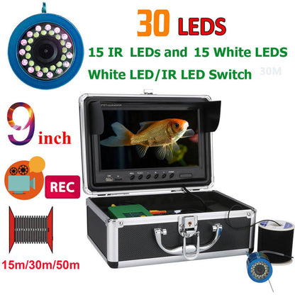 9” DVR underwater camera, 1000TVL, 30 LEDs, 30m cable, ideal for ice, sea, and river fishing.