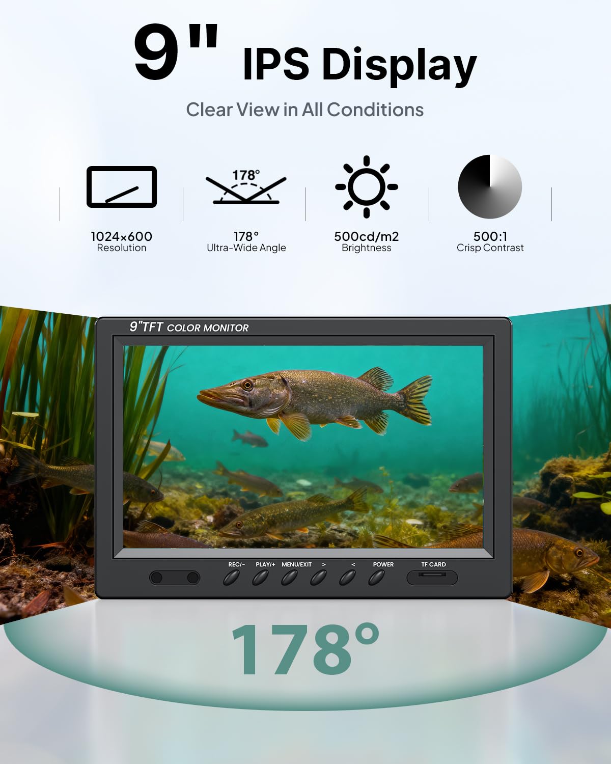 Eyoyo 1080P underwater camera, 9” IPS screen, DVR, 12 IR lights, 30m cable, for ice, lake, sea, and boat fishing.