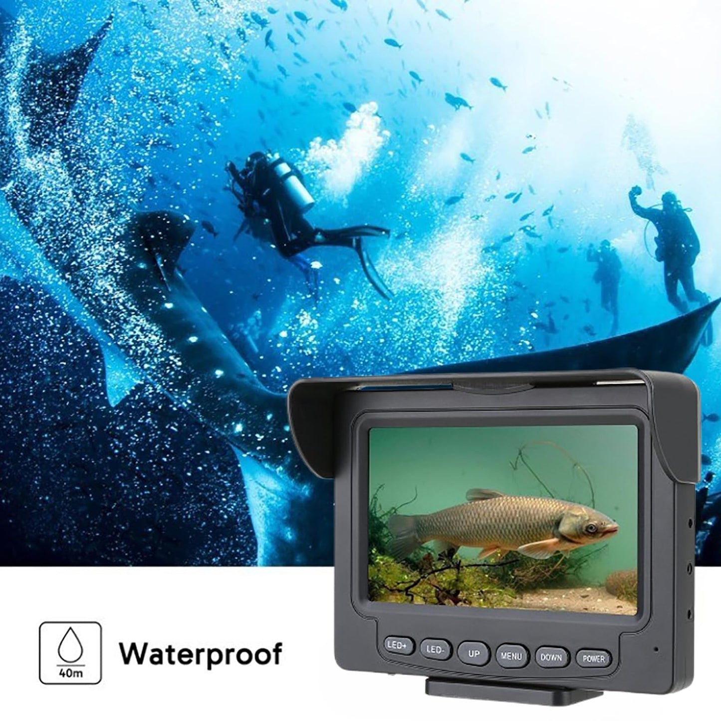 Portable underwater fish finder with 4.3” LCD, IP68 waterproof, compact design for boat, ice, lake fishing.
