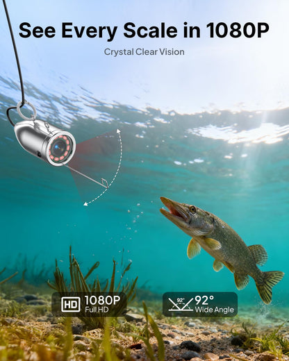 Eyoyo 1080P underwater camera, 9” IPS screen, DVR, 12 IR lights, 30m cable, for ice, lake, sea, and boat fishing.