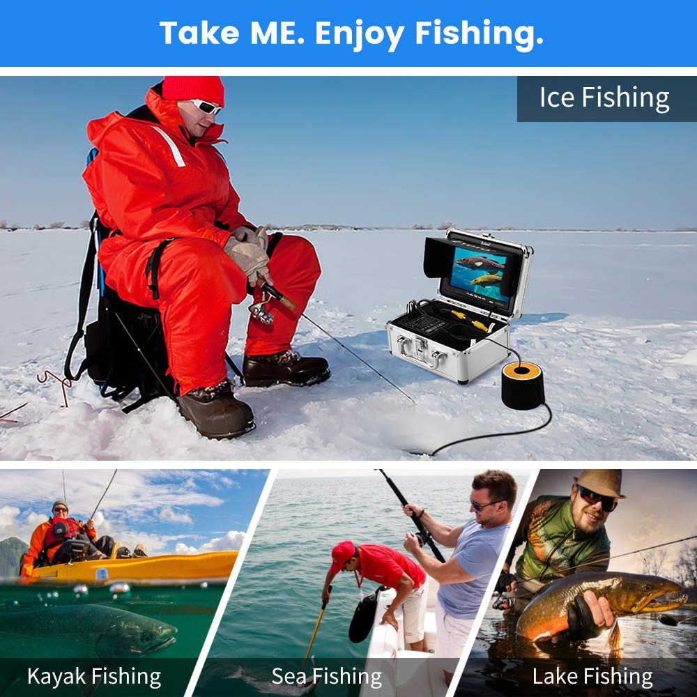 Eyoyo 720P underwater camera, 7” IPS screen, DVR, 12 IR lights, 30m cable, portable fish finder.