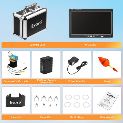 Eyoyo 1000TVL camera, 7” LCD, IR lights, 50m cable, waterproof fish finder for lake and boat.