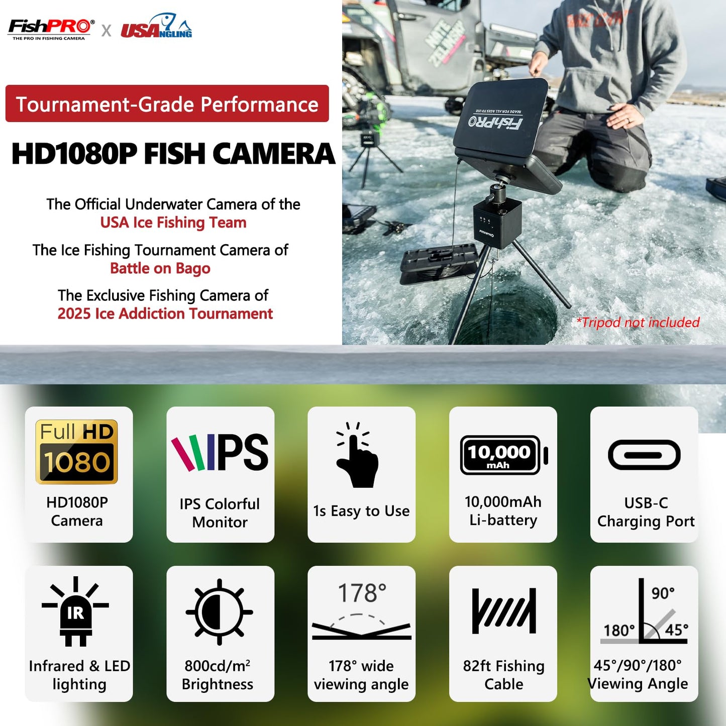 FishPRO 2026 1080P camera, 7” IPS, 10,000mAh battery, USB-C, LED+IR lights, 82ft cable, no DVR.