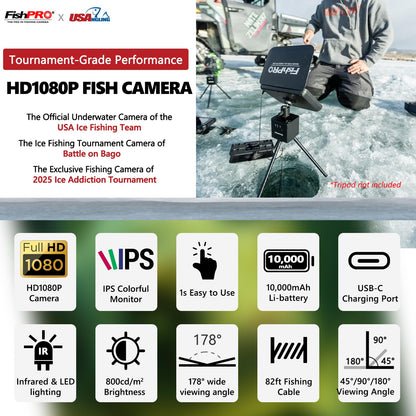 FishPRO 2026 1080P camera, 7” IPS, 10,000mAh battery, USB-C, LED+IR lights, 82ft cable, no DVR.