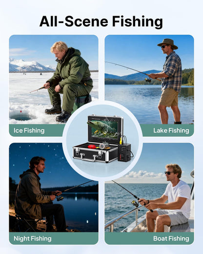 Eyoyo 1080P underwater camera, 9” IPS screen, DVR, 12 IR lights, 30m cable, for ice, lake, sea, and boat fishing.