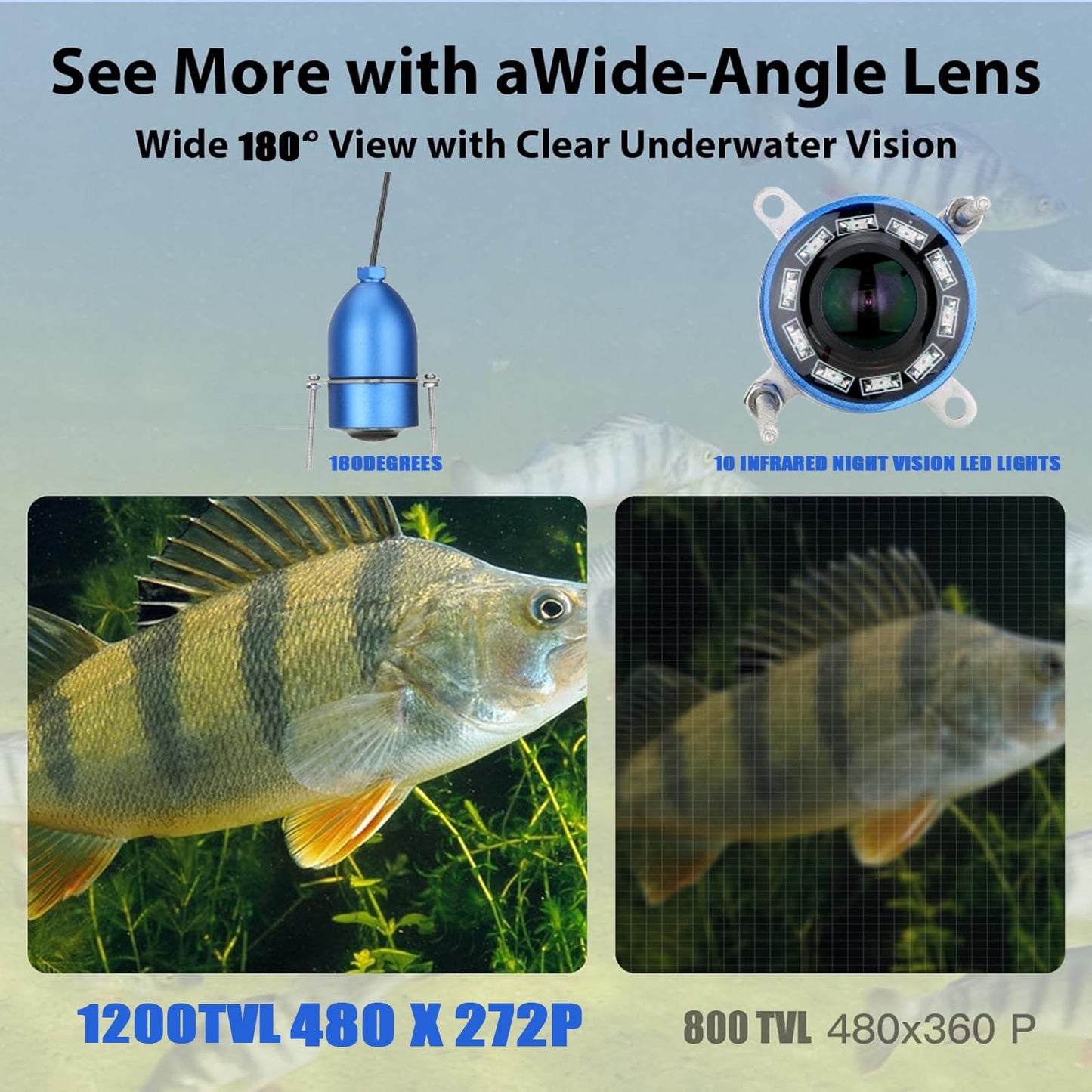 Portable underwater fish finder with 4.3” LCD, IP68 waterproof, compact design for boat, ice, lake fishing.