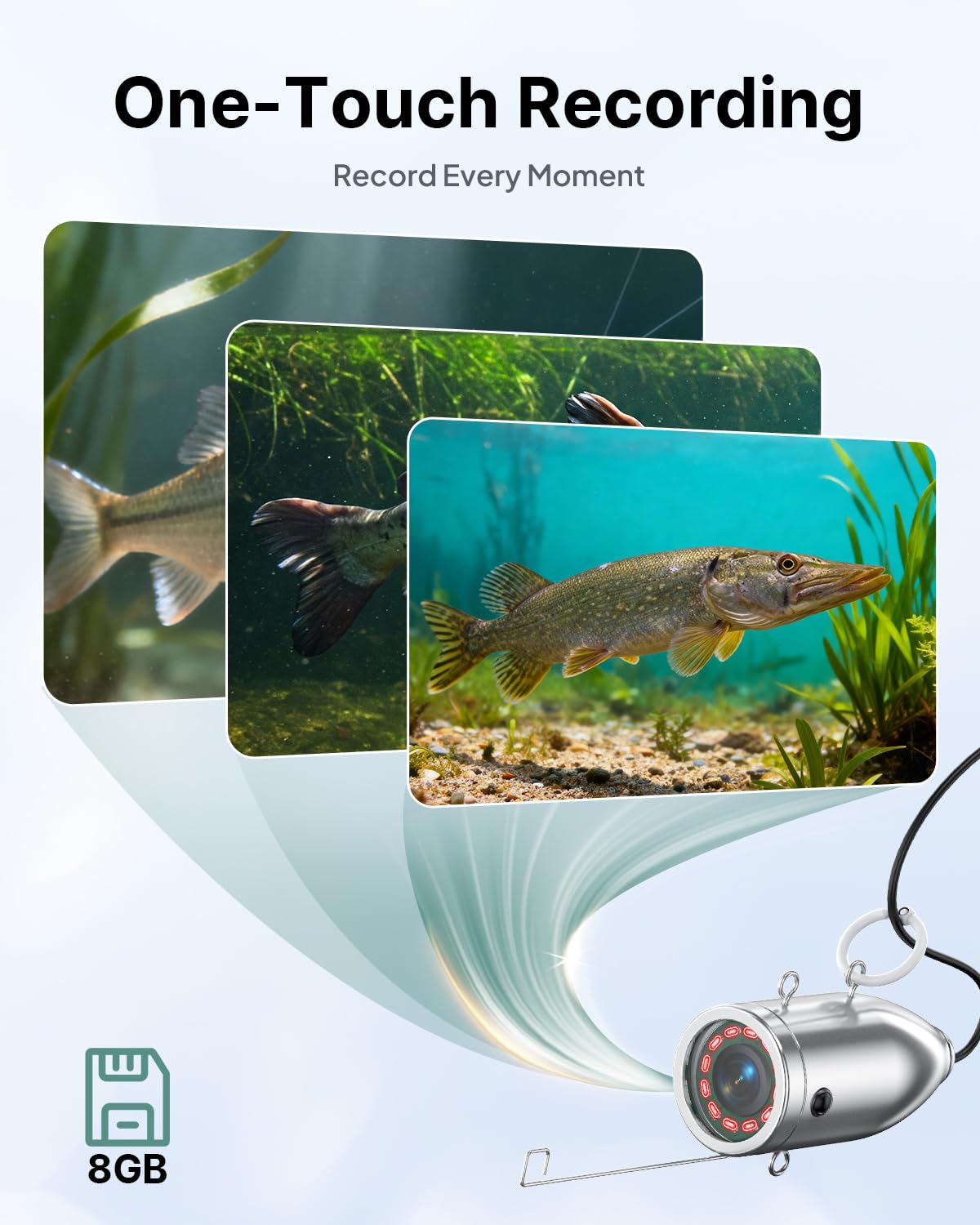 Eyoyo 1080P underwater camera, 9” IPS screen, DVR, 12 IR lights, 30m cable, for ice, lake, sea, and boat fishing.