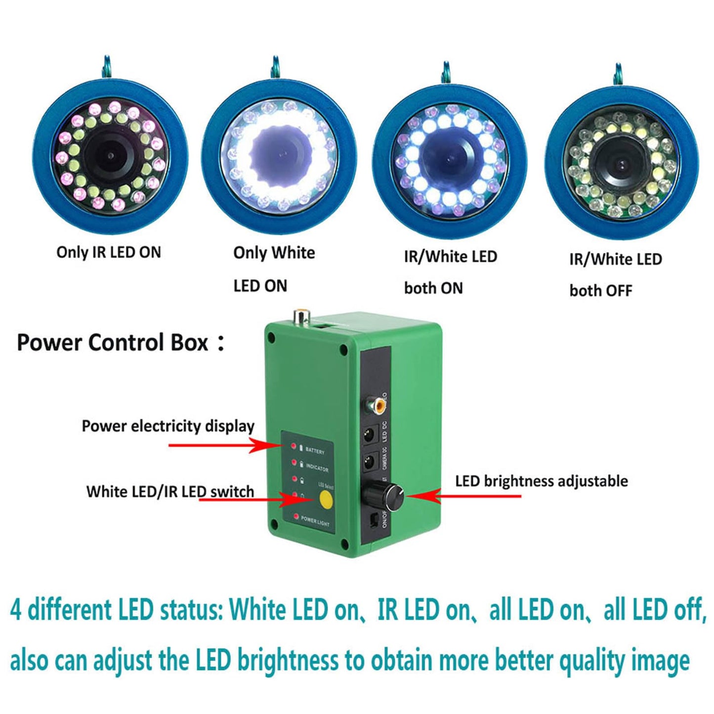 9” DVR underwater camera, 1000TVL, 30 LEDs, 30m cable, ideal for ice, sea, and river fishing.