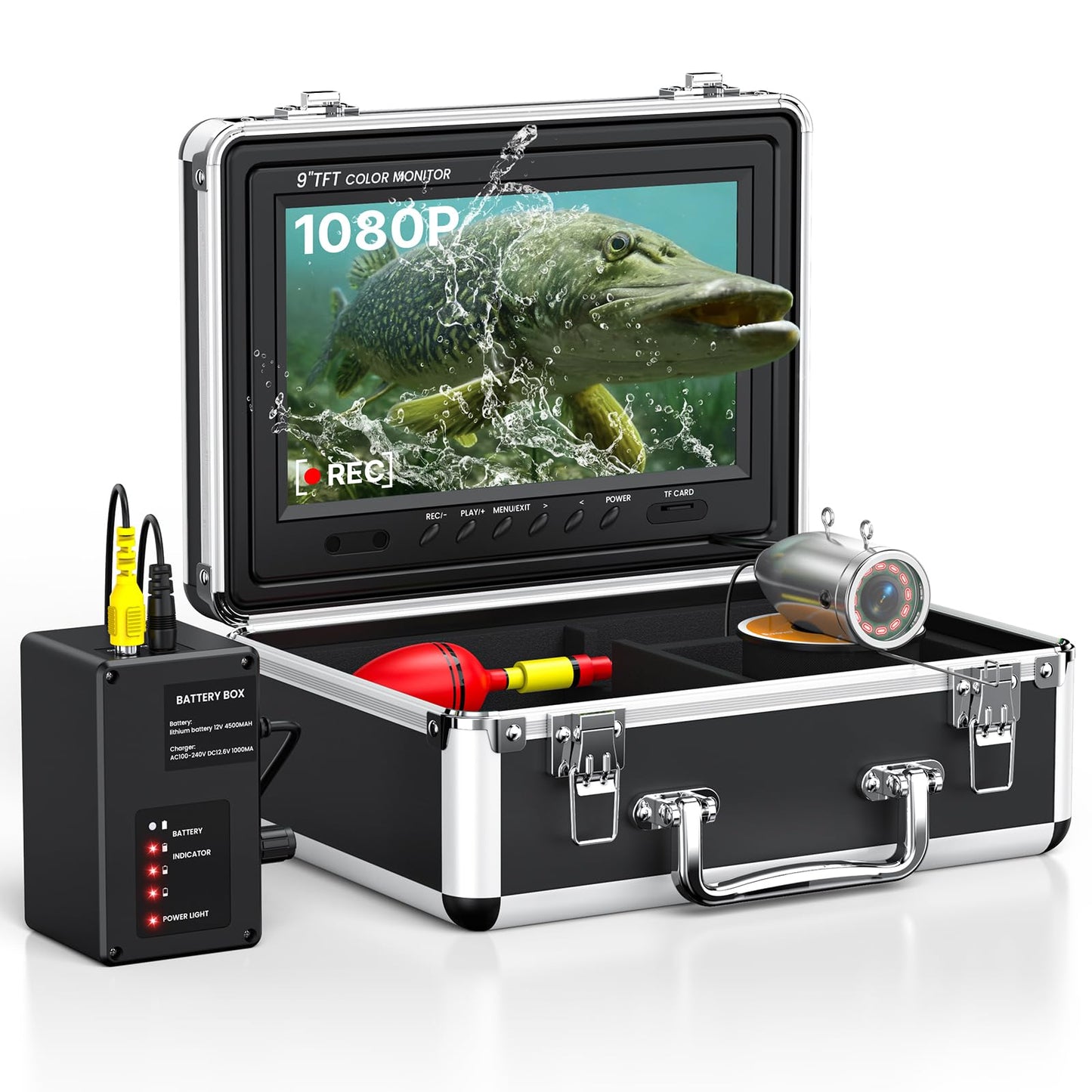 Eyoyo 1080P underwater camera, 9” IPS screen, DVR, 12 IR lights, 30m cable, for ice, lake, sea, and boat fishing.