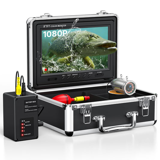 Eyoyo 1080P underwater camera, 9” IPS screen, DVR, 12 IR lights, 30m cable, for ice, lake, sea, and boat fishing.