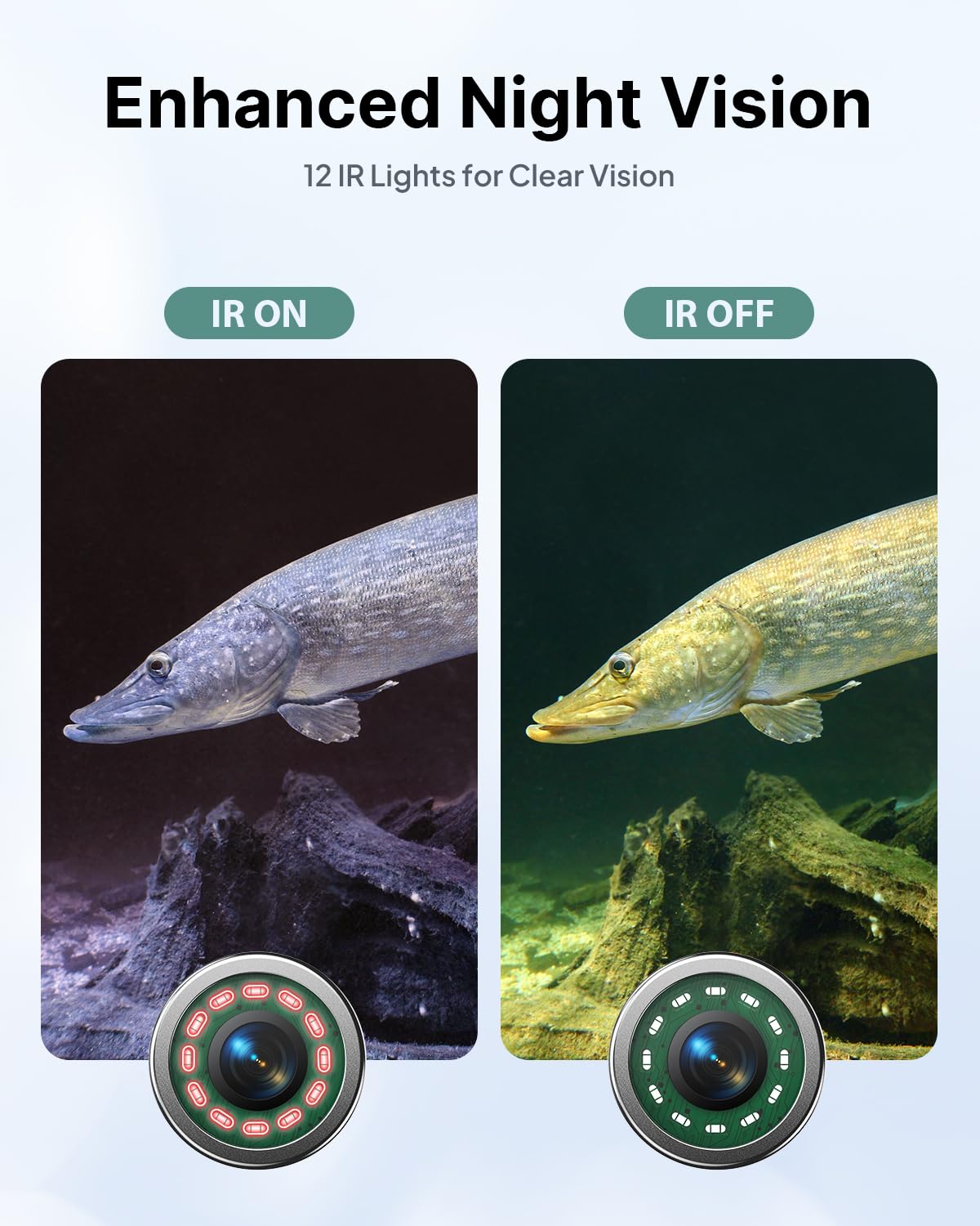 Eyoyo 1080P underwater camera, 9” IPS screen, DVR, 12 IR lights, 30m cable, for ice, lake, sea, and boat fishing.