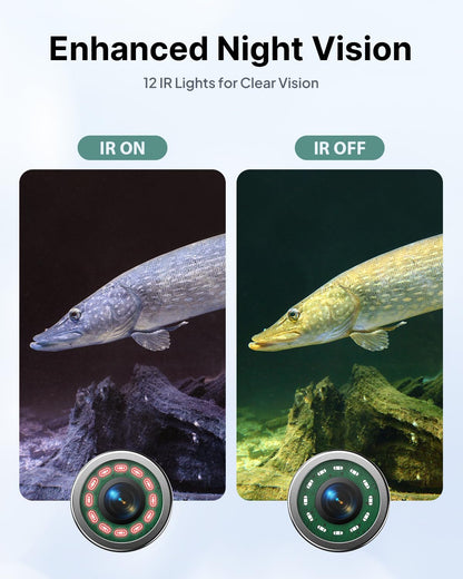 Eyoyo 1080P underwater camera, 9” IPS screen, DVR, 12 IR lights, 30m cable, for ice, lake, sea, and boat fishing.