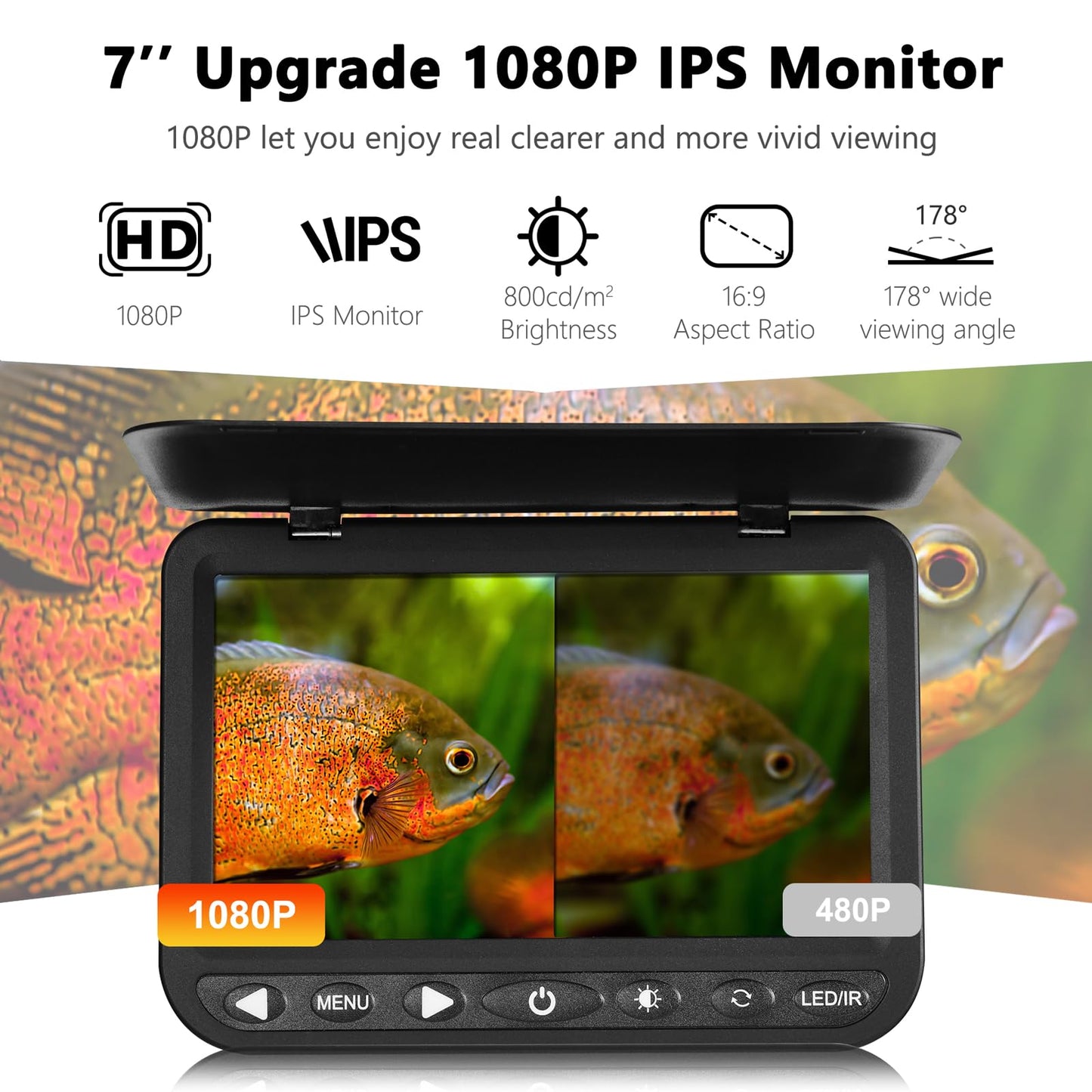 FishPRO 1080P camera, 7” IPS, DVR 32GB, 10,000mAh battery, IR+LED lights, 82ft cable, easy operation.