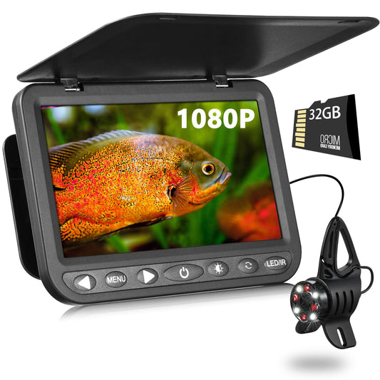 FishPRO 1080P camera, 7” IPS, DVR 32GB, 10,000mAh battery, IR+LED lights, 82ft cable, easy operation.