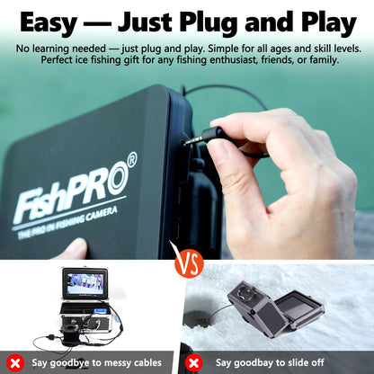 FishPRO 2026 1080P camera, 7” IPS, 10,000mAh battery, USB-C, LED+IR lights, 82ft cable, no DVR.