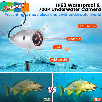 Eyoyo 720P underwater camera, 7” IPS screen, DVR, 12 IR lights, 30m cable, portable fish finder.