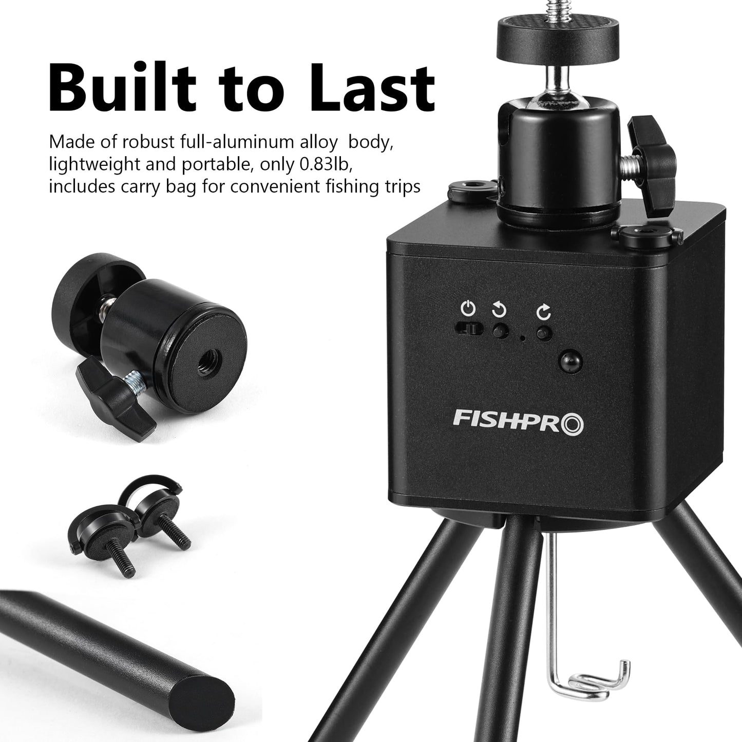 FishPRO M7 DVR tripod, aluminum build, 360° rotation, remote/manual control, stable underwater camera mount.