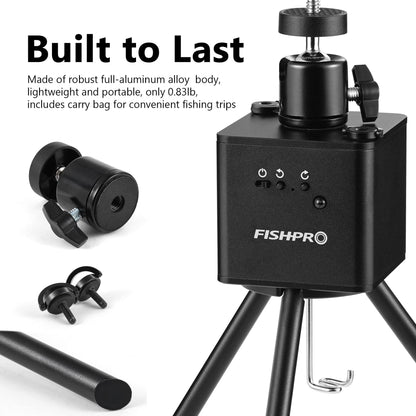 FishPRO M7 DVR tripod, aluminum build, 360° rotation, remote/manual control, stable underwater camera mount.