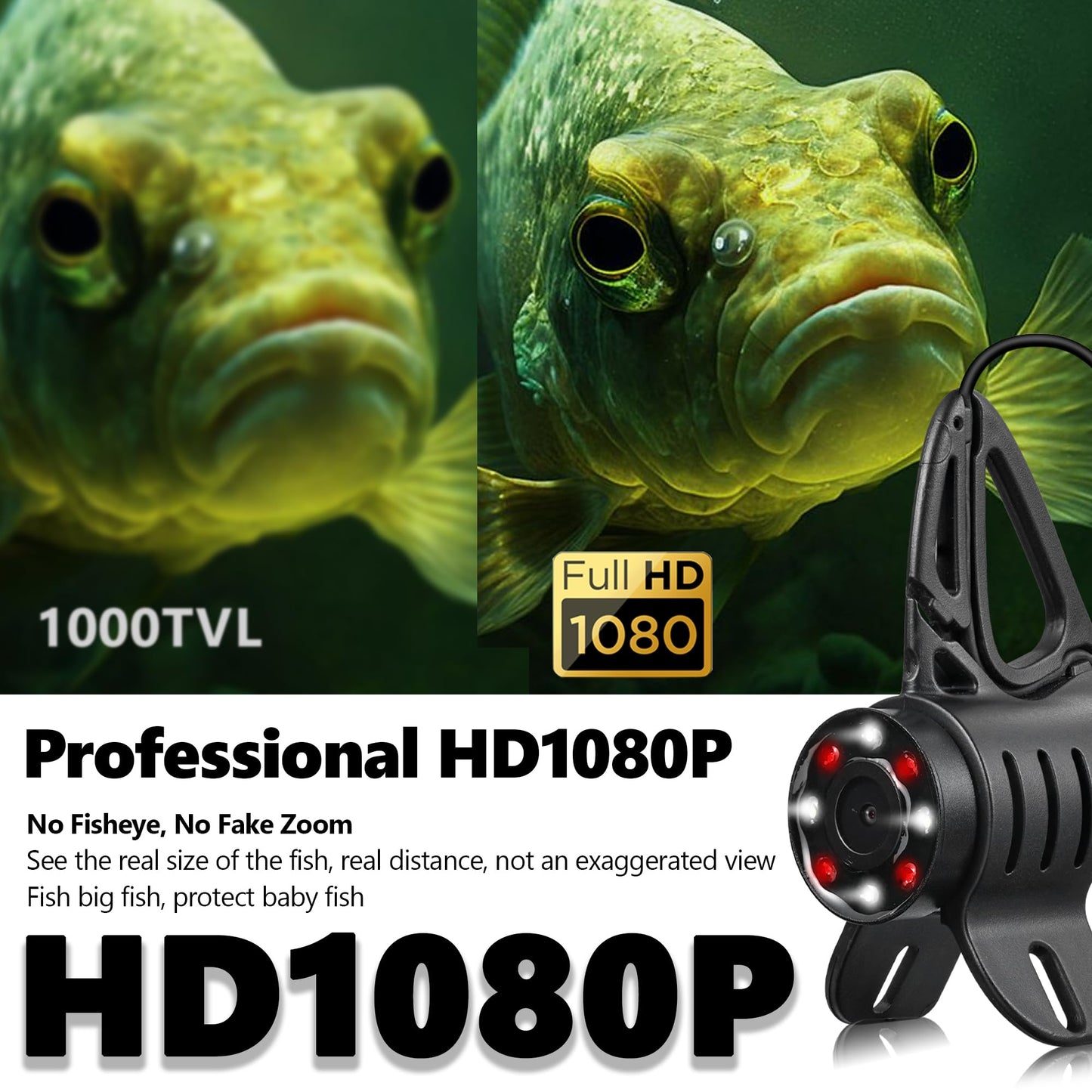 FishPRO 2026 1080P camera, 7” IPS, 10,000mAh battery, USB-C, LED+IR lights, 82ft cable, no DVR.
