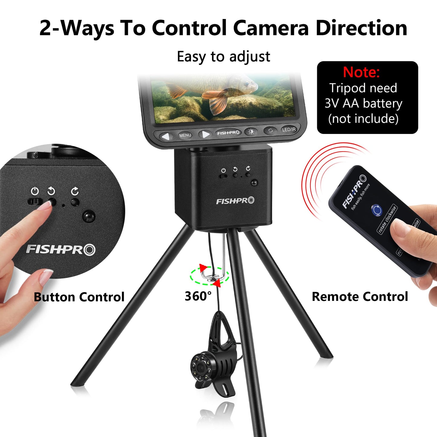 FishPRO M7 DVR tripod, aluminum build, 360° rotation, remote/manual control, stable underwater camera mount.