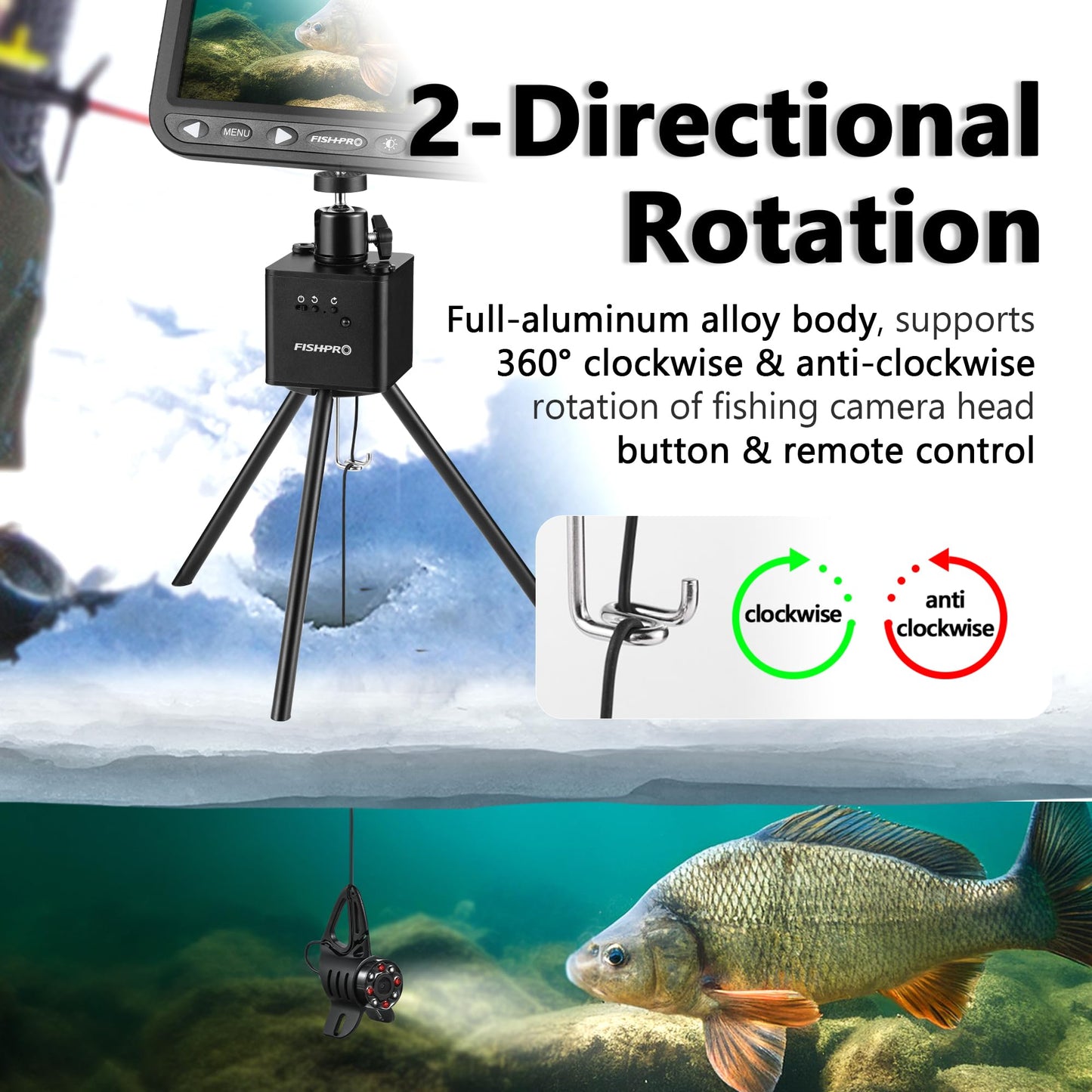 FishPRO M7 DVR tripod, aluminum build, 360° rotation, remote/manual control, stable underwater camera mount.