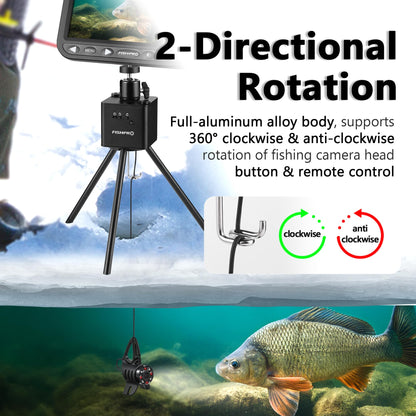 FishPRO M7 DVR tripod, aluminum build, 360° rotation, remote/manual control, stable underwater camera mount.