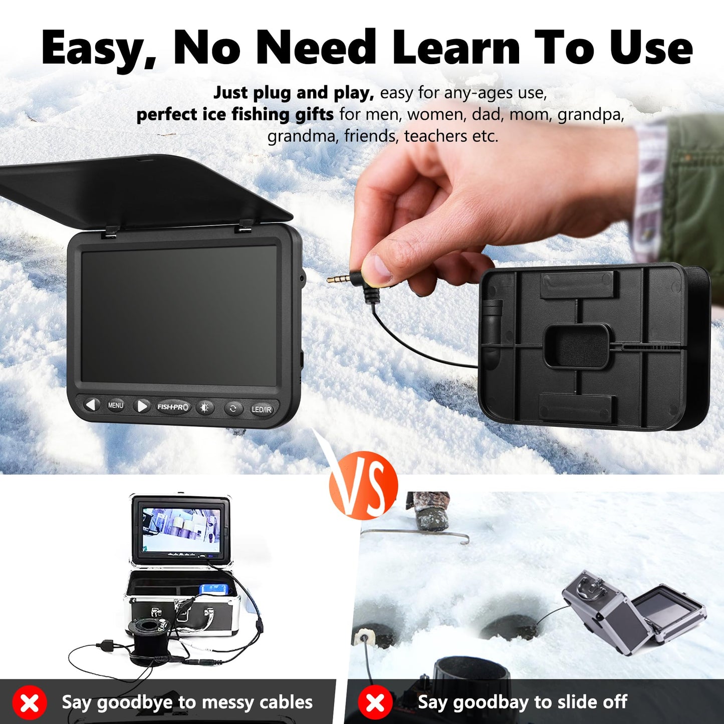 FishPRO 1080P camera, 7” IPS, DVR 32GB, 10,000mAh battery, IR+LED lights, 82ft cable, easy operation.