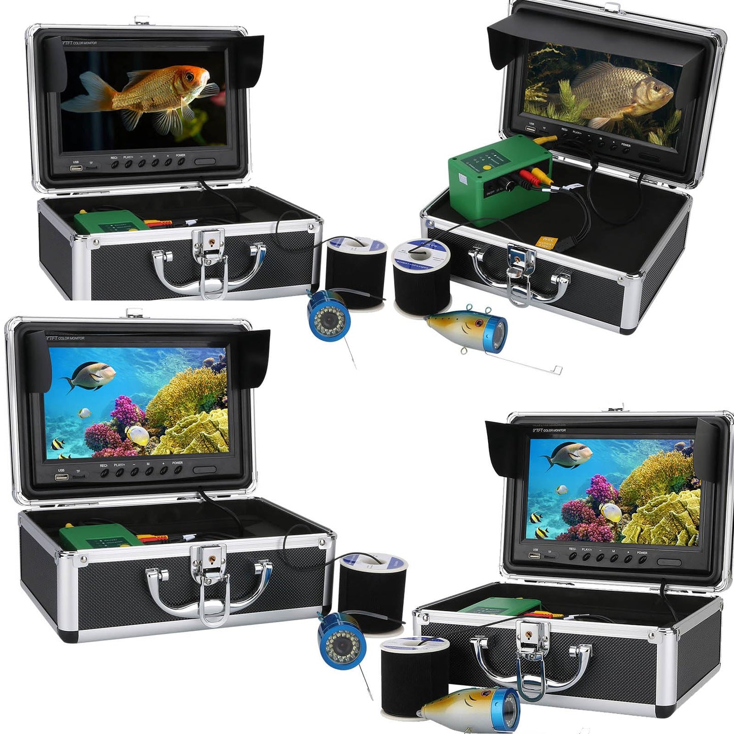 9” DVR underwater camera, 1000TVL, 30 LEDs, 30m cable, ideal for ice, sea, and river fishing.