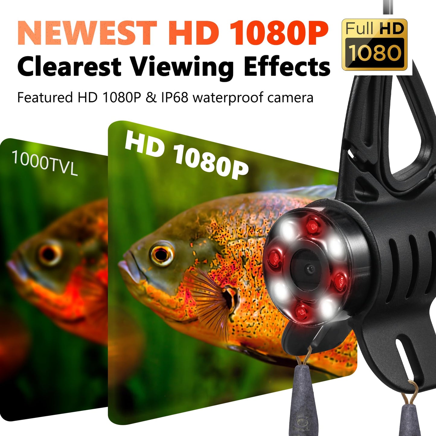 FishPRO 1080P camera, 7” IPS, DVR 32GB, 10,000mAh battery, IR+LED lights, 82ft cable, easy operation.