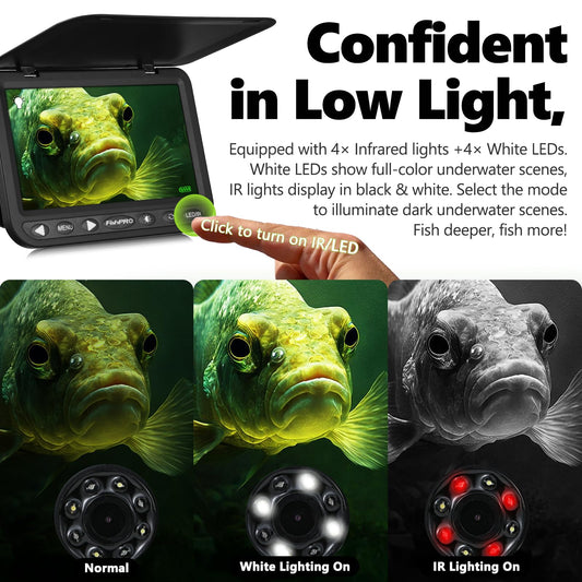 FishPRO 2026 1080P camera, 7” IPS, 10,000mAh battery, USB-C, LED+IR lights, 82ft cable, no DVR.