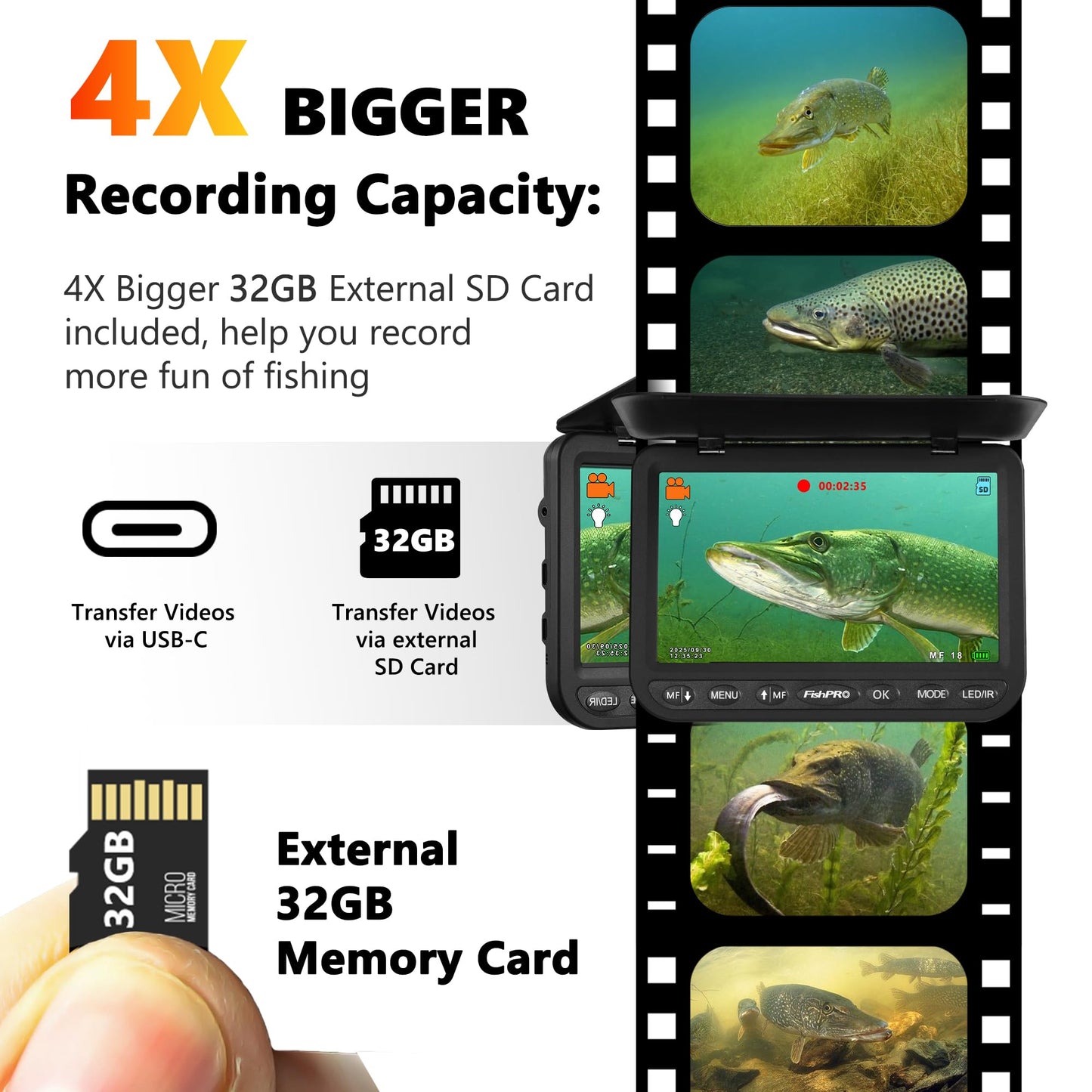 FishPRO 2026 1080P camera, 7” IPS, 10,000mAh battery, USB-C, LED+IR lights, 83ft cable, easy to use.