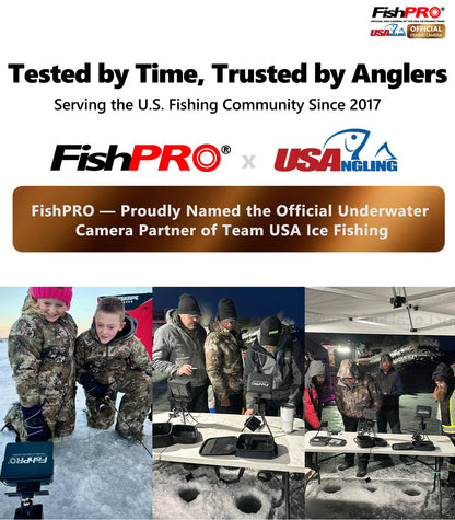 FishPRO 2026 1080P camera, 7” IPS, 10,000mAh battery, USB-C, LED+IR lights, 82ft cable, no DVR.