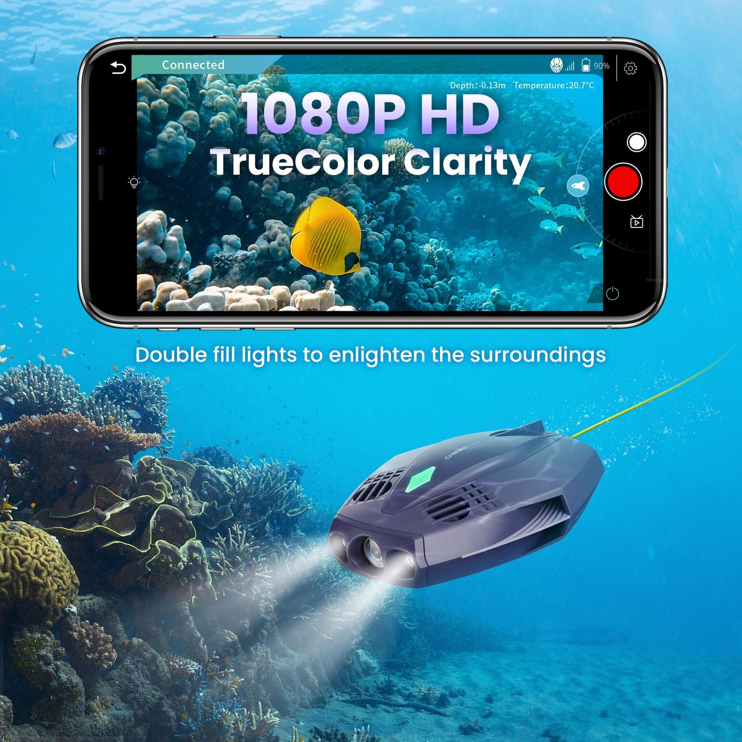 Chasing Dory underwater drone, compact 1080p HD camera, app control, real-time underwater viewing.